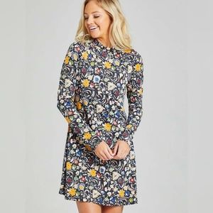 Navy Floral A-line Long Sleeve Dress  I Sz Large